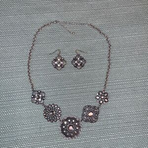 Rhinestone and Silver Necklace and Earring Set